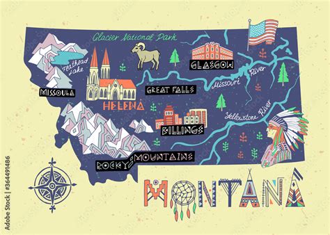 Illustrated map of Montana state, USA. Travel and attractions. Souvenir ...