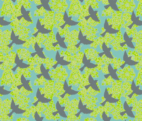 Sparrow Shadows On Floral Doodly Fabric Fabric Custom Fabric