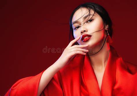 Beauty Model Face With Red Lips Asian Woman With Short Haircut Stock