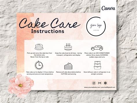 Cake Care Card Template Instructions Template Editable Etsy