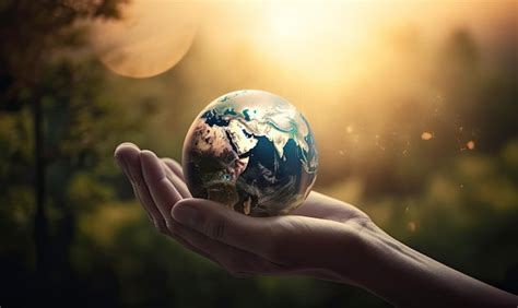 Premium Ai Image Hands Holding Earth Global Over Blurred Abstract Nature Background Generative Ai