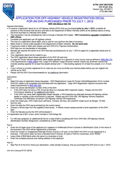 Fillable Form Ohv A Application For Off Highway Vehicle