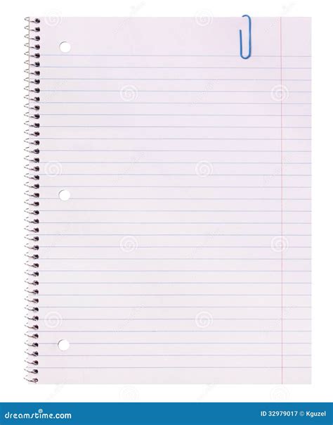 Blank Notebook Paper And Paper Clip Isolated On White Background Back