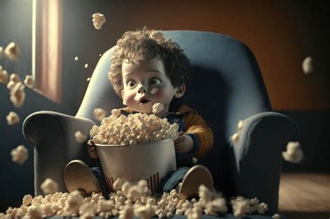 Premium Photo | Kids with giant bucket of popcorn on top of theater seat watching a movie movie ...