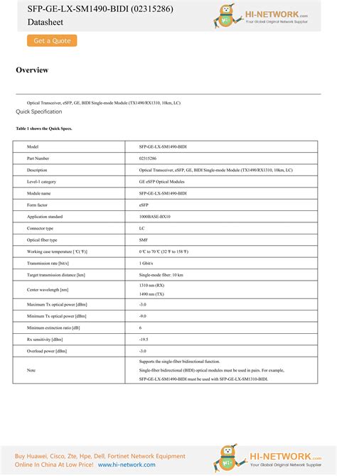 Huawei Sfp Ge Lx Sm Bidi Brochure Datasheet Pdf