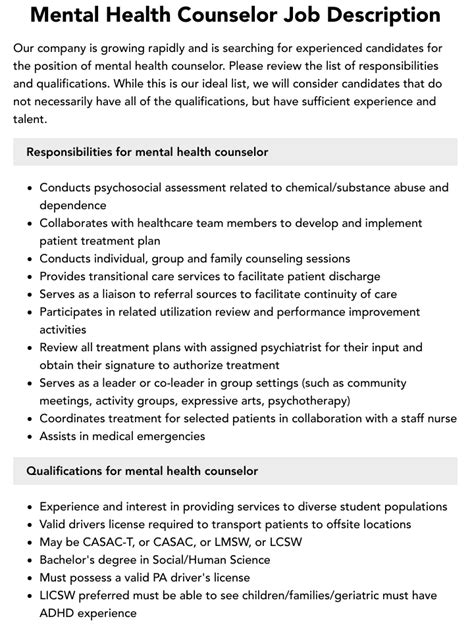 Mental Health Counselor Job Description Velvet Jobs