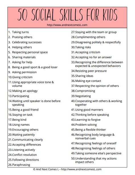 Free Printable List of 50 Social Skills for Kids | And Next Comes L ...