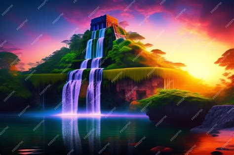 Premium Photo | A digital painting of a waterfall with a sunset in the ...