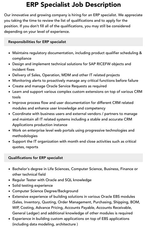 Erp Specialist Job Description Velvet Jobs