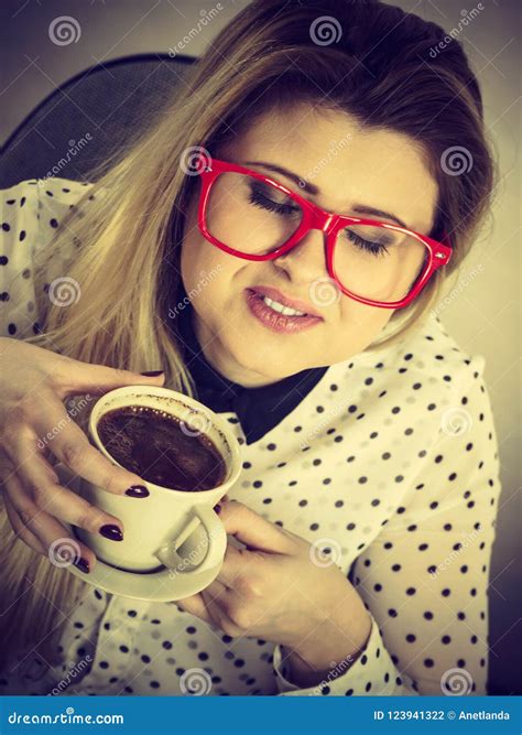 Happy Woman At Office Drinking Hot Coffee Stock Photo Image Of Drink