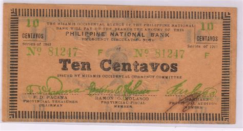 Misamis Philippines 1942 Emergency Issue 10 Centavos Currency Note