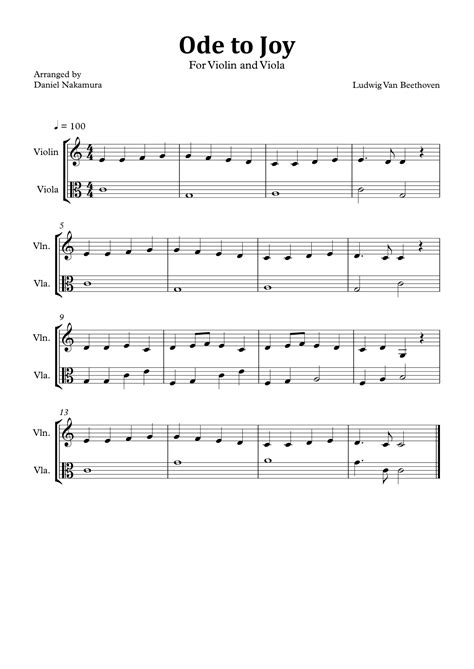 Ode To Joy Easy Violin And Viola Arr Daniel Nakamura Sheet Music