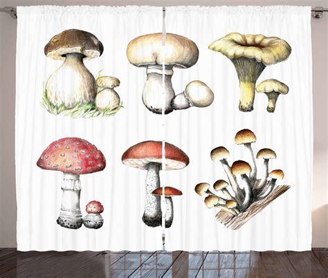 Mushroom Curtains 2 Panels Set Hand Drawn Fungus Pattern Amanita