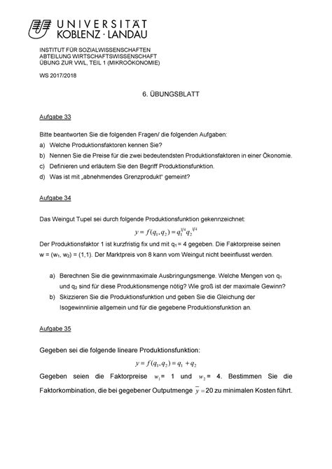 6 Uebungsblatt Übungsblatt aus der Übung zu Mikroökonomie INSTITUT