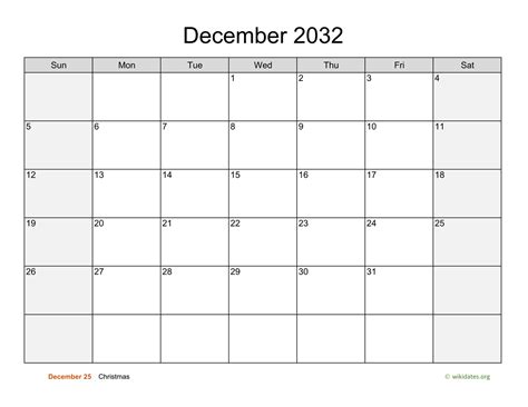 December 2032 Calendar with Weekend Shaded | WikiDates.org