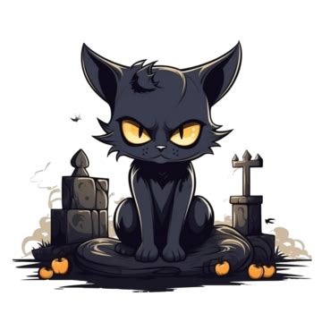 Halloween Cat Cartoon With Grave At Night Design, Holiday And Scary Theme, Scary House, Horror ...