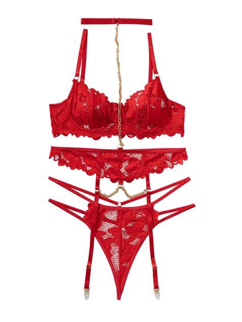 Snapklik Sexy Chain Floral Lace Underwire Push Up Garter Belt Chocker Lingerie Set Women