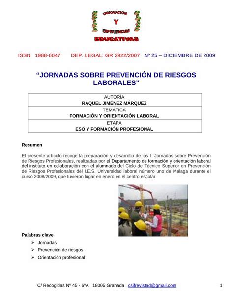 PDF JORNADAS SOBRE PREVENCIÓN DE RIESGOS LABORALES revolución