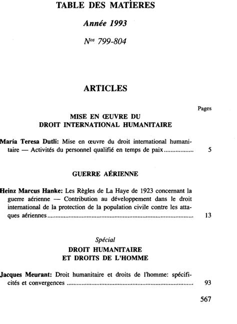 Table des Matìeres Année 1993 International Review of the Red Cross