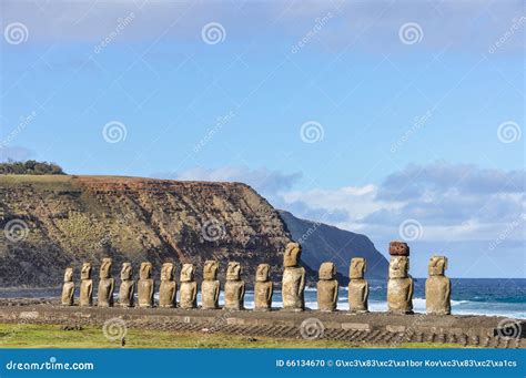 The 15 Moai Statues In Ahu Tongariki Easter Island Chile Stock Photo