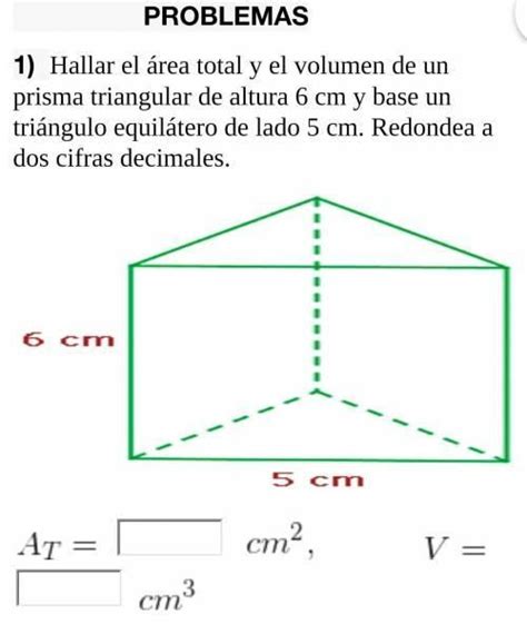 Hallar el área total y el volumen de un prisma triangular de altura 6