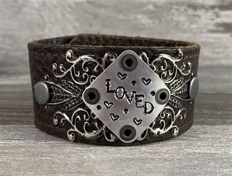 Hand Stamped Leather Cuff Bracelet Loved Stamped Metal Word Etsy