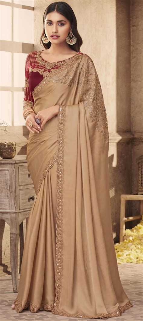 Traditional Wedding Beige And Brown Color Satin Silk Silk Fabric