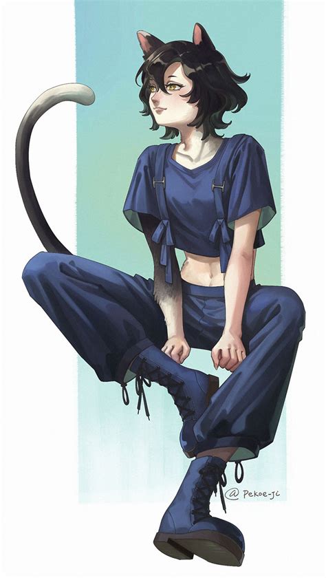 Safebooru 1girl Animal Ears Baggy Pants Black Fur Black Hair Blue