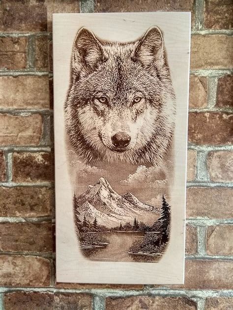 Wood Burned Wolf Wood Mountain Scene Wolf Art Wolf And Etsy Wood