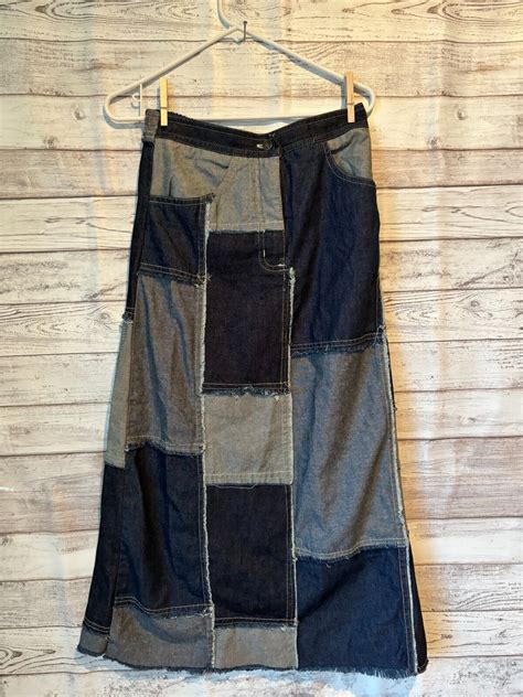Handmade Denim Patch Work Maxi Skirt Womens Size Sma Gem