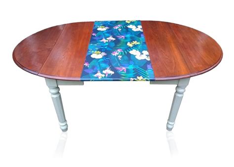 Upcycled Mahogany Table With Decoupage Extending Leaf And Drop Leaf