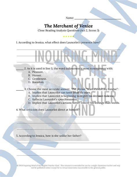 The Merchant Of Venice Act 2 Scene 3 Close Reading Analysis Worksheet