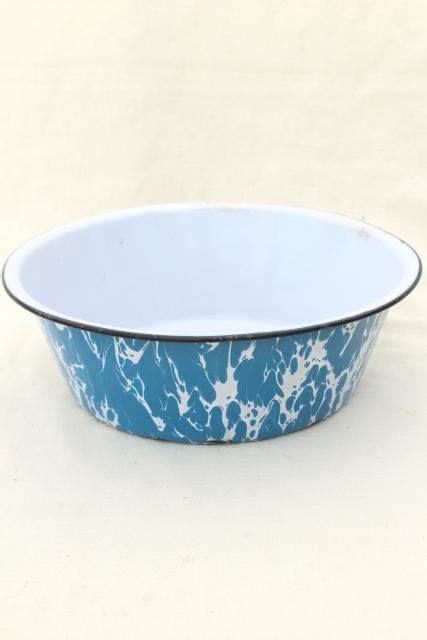 Antique Blue Swirl Enamelware Dishpan Big Old Primitive Bowl Vintage