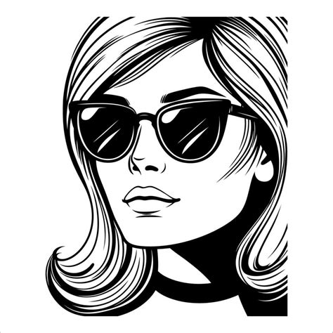 Vintage Retro Woman Wearing Sunglasses Line Art Comic Black And White