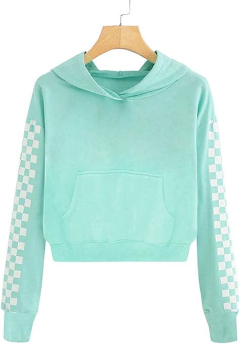 Bluesarey Girls Cute Crop Top Long Sleeve Hoodie Plaid Cropped