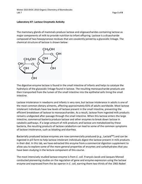 Lab 7 Enzyme Activity Lab 7 Page 1 Of 8 Laboratory 7 Lactase