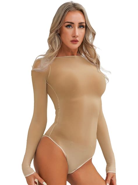 IEFIEL Womens Glossy See Through Nylon Bodysuit Crotchless Long Sleeve