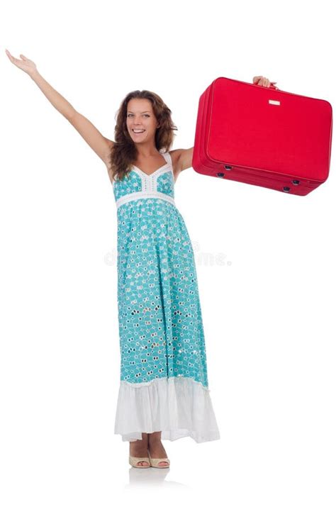 Woman Traveller With Suitcase Isolated Stock Photo Image Of Excess