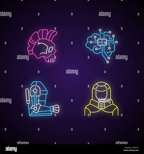 Cyberpunk Augmentations Neon Light Icons Set Stock Vector Image And Art Alamy