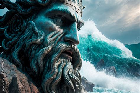 Majestic statue of Poseidon, the Greek god of the seas. Face washed by high ocean waves ...