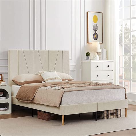 Flolinda Full Size Beige Panel Bed Frame With Complete High Headboard