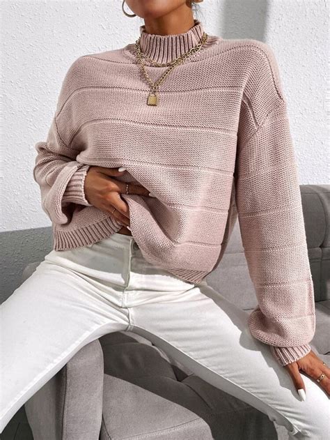 Mock Neck Drop Shoulder Sweater SHEIN USA In 2023 Drop Shoulder