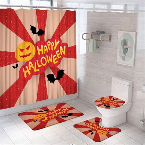 Halloween Shower Curtain Set With Non Slip Rug Toilet Lid Cover Bath Mat Scary Pumpkin Scarecrow