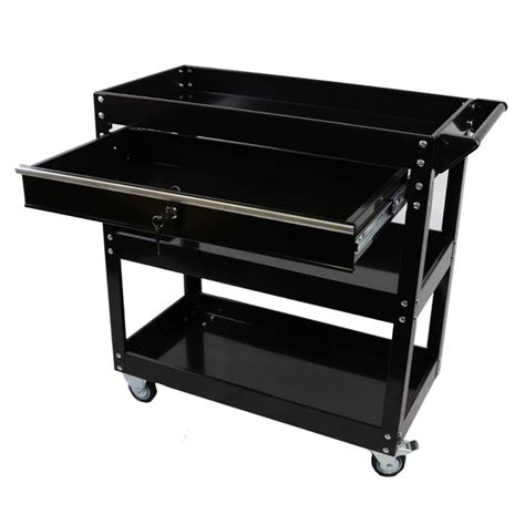 3 Tier Black Steel Tool Cart With Lock Drawer Lockable Castors