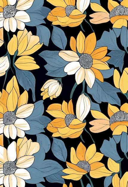 Premium Photo | A black background with a floral pattern with yellow, blue, and white flowers.