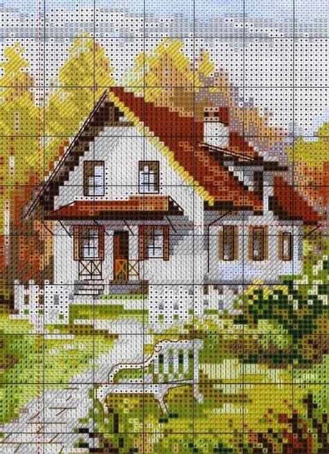 A Cross Stitch Pattern With A House In The Background