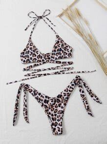 Leopard Print Crisscross Halter Bikini Swimsuit Shein