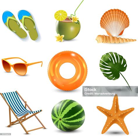 Vector Illustration Of Realistic Summer Holidays Seaside Beach Icons Set Isolated Stock