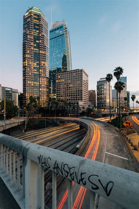 Cityscape Skyline View Of The 110 Freeway At Night In Downtown Los