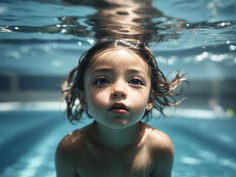 Niño nadando bajo el agua en la piscina agua de mar azul niño nadando